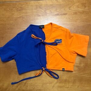 Colorblock Tie-Front Crop Top - Blue and Orange